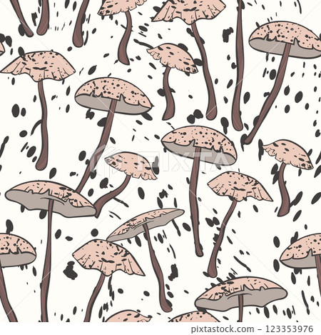 Seamless pattern with mushrooms. Hand drawn vector illustration. Vegan food menu. Poisonous and edible mushroom. Autumn mushroom picking, forest plant sketches 123353976