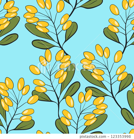 Seamless pattern with sea buckthorn. Natural fresh ripe tasty berries. Vector illustration for background, packaging, textile, fabric and various other designs 123353998