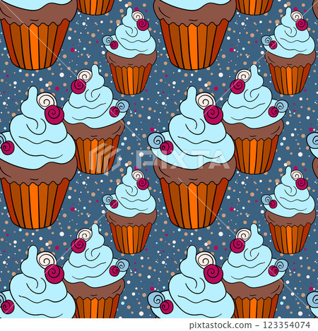 Seamless pattern with cupcakes. Muffin cake, sweet cupcake with cream, delicious pastries. Modern vector illustration for fabric, textile. Dessert print for a candy bar Seamless pattern with cupcakes. Muffin cake, sweet cupcake with cream, delicious pastries. Modern vector illustration for fabric, textile. Dessert print for a candy bar 123354074