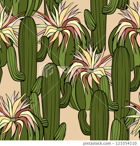 Seamless pattern with cacti, blooming succulent on color background. Vector hand drawn illustration for packaging, fabric, textile. Wild west cactus, western concept 123354110
