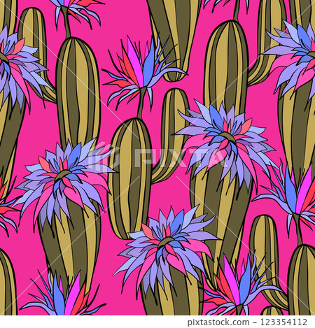 Seamless pattern with cacti, blooming succulent on color background. Vector hand drawn illustration for packaging, fabric, textile. Wild west cactus, western concept 123354112