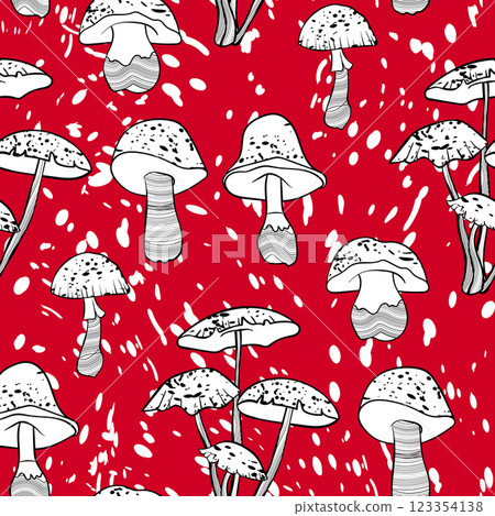 Seamless pattern with mushrooms. Hand drawn vector illustration. Vegan food menu. Poisonous and edible mushroom. Autumn mushroom picking, forest plant sketches 123354138
