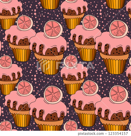 Seamless pattern with cupcakes. Muffin cake, sweet cupcake with cream, delicious pastries. Modern vector illustration for fabric, textile. Dessert print for a candy bar Seamless pattern with cupcakes. Muffin cake, sweet cupcake with cream, delicious pastries. Modern vector illustration for fabric, textile. Dessert print for a candy bar 123354157