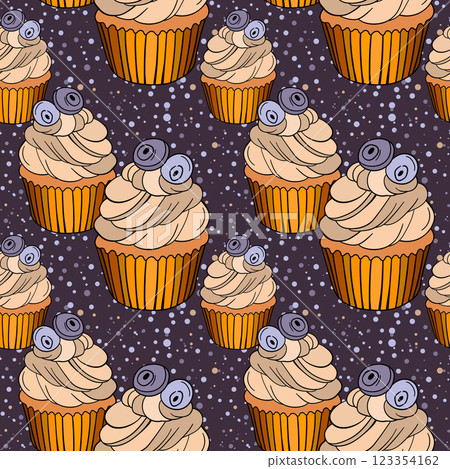 Seamless pattern with cupcakes. Muffin cake, sweet cupcake with cream, delicious pastries. Modern vector illustration for fabric, textile. Dessert print for a candy bar Seamless pattern with cupcakes. Muffin cake, sweet cupcake with cream, delicious pastries. Modern vector illustration for fabric, textile. Dessert print for a candy bar 123354162