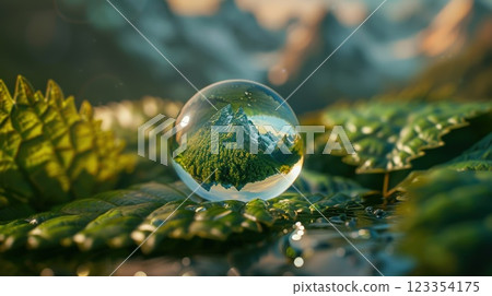 a drop of dew on a leaf on which mountains are visible 123354175