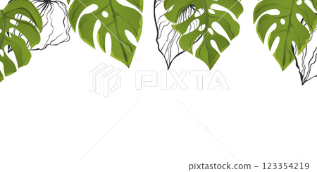 Floral frame with colorful exotic branches on white background. Ornate border with tropic leaves. Vector stock illustration for wallpaper, posters, card. Doodle style. Copy space Floral frame with colorful exotic branches on white background. Ornate border with tropic leaves. Vector stock illustration for wallpaper, posters, card. Doodle style. Copy space 123354219