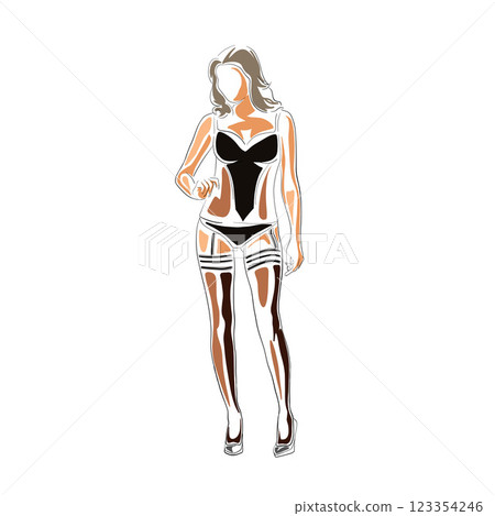 Sexy woman in black lingerie standing in confident pose, dressed in sexy underwear. Countour lines and minimalistic flat colors, abstract look. Isolated line art vector illustration Sexy woman in black lingerie standing in confident pose, dressed in sexy underwear. Countour lines and minimalistic flat colors, abstract look. Isolated line art vector illustration 123354246