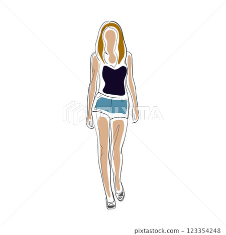 Young slender sexy woman walking in short summer clothes. Front view, isolated vector line drawing illustration 123354248