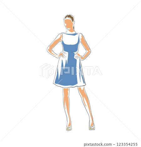 Woman in blue summer dress, stylish clothing. Isolated vector drawing illustration, line art. Business woman 123354255
