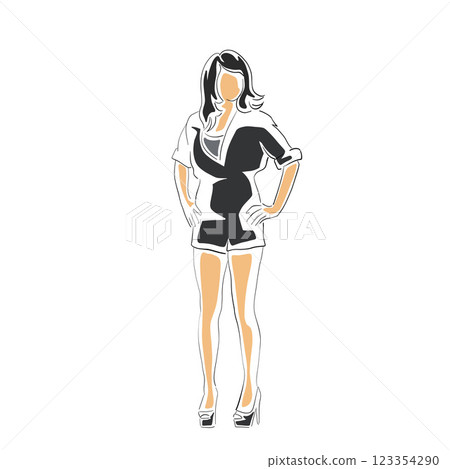 Sexy eoman hostess standing in high heels shoes, shorts. Gridgirl, isolated vector drawing illustration 123354290