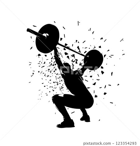 Weightlifting, man in gym, squat workout. Isolated vector silhouette Weightlifting, man in gym, squat workout. Isolated vector silhouette 123354293