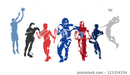 Sports, group of active people. Active men and women. Team and individual sports athletes, set of isolated vector silhouettes 123354354