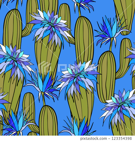 Seamless pattern with cacti, blooming succulent on color background. Vector hand drawn illustration for packaging, fabric, textile. Wild west cactus, western concept 123354398