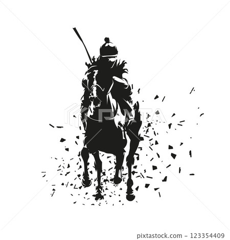 Thoroughbred horse racing, equestrian event, jockey riding horse, isolated vector silhouette. Horseback riding logo. Jockeys riding horses on racecourse, hippodrome, turf Thoroughbred horse racing, equestrian event, jockey riding horse, isolated vector silhouette. Horseback riding logo. Jockeys riding horses on racecourse, hippodrome, turf 123354409