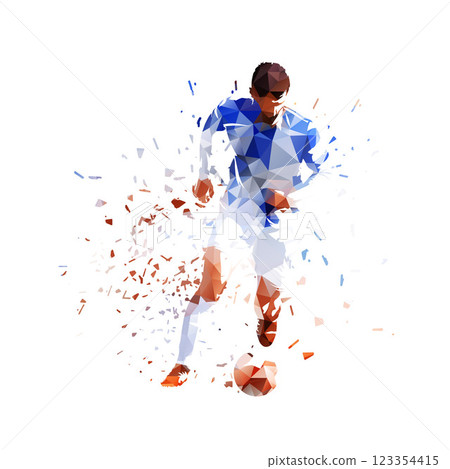 Sports, soccer player running with ball, low polygonal isolated vector illustration. Footballer Sports, soccer player running with ball, low polygonal isolated vector illustration. Footballer 123354415