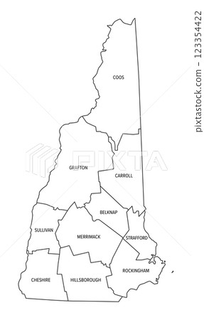 State of New Hampshire subdivided into 10 counties, outline map. State in the New England region of the Northeastern United States, nicknamed Granite, and White Mountain State. Illustration. Vector State of New Hampshire subdivided into 10 counties, outline map. State in the New England region of the Northeastern United States, nicknamed Granite, and White Mountain State. Illustration. Vector 123354422
