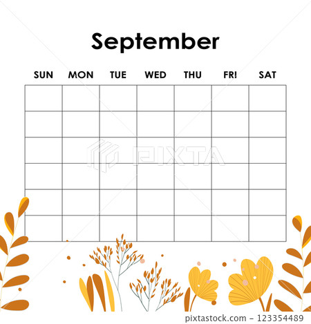 September. Calendar planner. Corporate week. Template layout, 12 months yearly, white background. Simple design for business brochure, flyer, print media, advertisement. Week starts from Monday 123354489