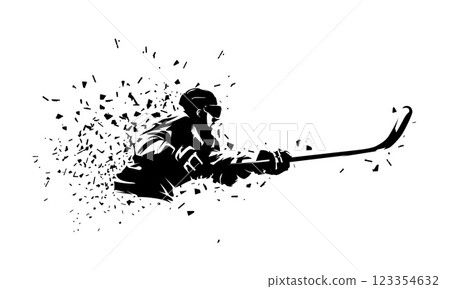 Ice hockey player shooting puck, isolated vector silhouette. Ink drawing. Hockey logo 123354632