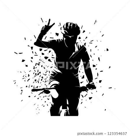 Mountain biker waving, victory. Woman riding bike. Cycling, isolated vector silhouette 123354637