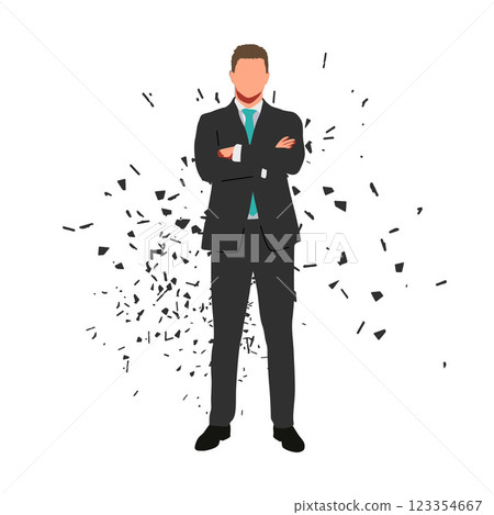 Businessman standing with folded arms, self confident man in suit, isolated dispersed vector illustration, front view Businessman standing with folded arms, self confident man in suit, isolated dispersed vector illustration, front view 123354667