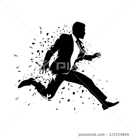 Illustration of silhouette of jumping business man with dispersion effect. Man in suit and tie is captured in dynamic jump while his body and clothing gradually disintegrate into small particles 123354669