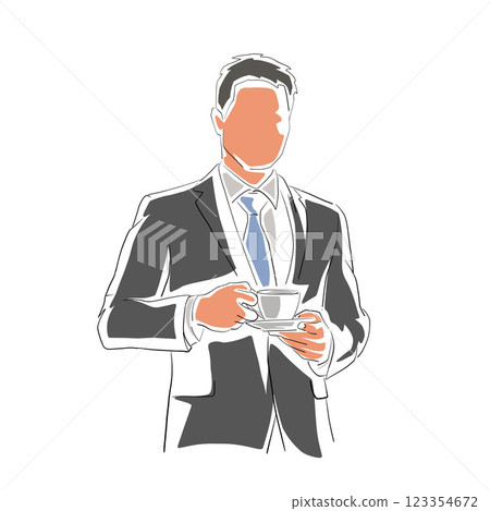 Coffee break, business man in suit holding cup of coffee, isolated vector drawing illustration on white background Coffee break, business man in suit holding cup of coffee, isolated vector drawing illustration on white background 123354672