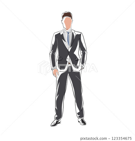 Business man standing in dark suit, line art, isolated vector drawing illustration of business person, front view 123354675