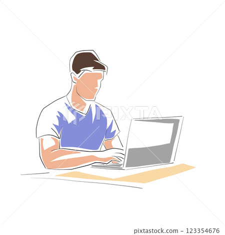 Man is sitting at his desk working on his laptop. Work from home. Break, online shopping, procrastination. Line art vector drawing illustration 123354676
