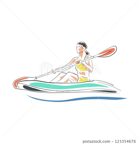 Woman on canoe, isolated line art vector drawing illustration. Kayaking water sport 123354678
