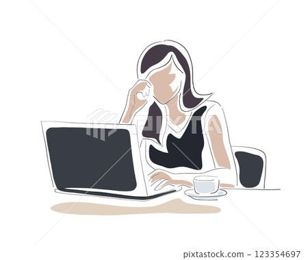 Business woman working on laptop, isolated vector drawing illustration. Sitting at desk 123354697