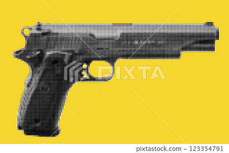 This unique artwork captivates with a striking halftone representation of a firearm, set against an eye-catching yellow background. It invites contemplation of societal issues and visuals. This unique artwork captivates with a striking halftone representation of a firearm, set against an eye-catching yellow background. It invites contemplation of societal issues and visuals. 123354791