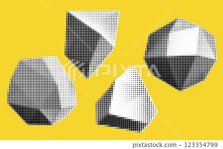 Bright halftone elements come together in a unique collage, showcasing geometric forms against a vivid yellow backdrop. The composition celebrates artistic innovation and imagination. 123354799