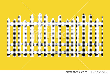 Bright yellow backdrop hosts a creative halftone collage of a whimsical fence. Each element blends art and design, evoking a sense of playful imagination and warmth. Bright yellow backdrop hosts a creative halftone collage of a whimsical fence. Each element blends art and design, evoking a sense of playful imagination and warmth. 123354812