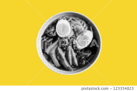 This creative artwork features a halftone collage centered around an enticing dish adorned with perfectly cooked eggs and fresh greens, all set against a bold yellow backdrop. 123354823