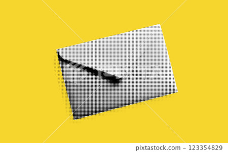 A creative arrangement showcases a halftone design of a white envelope resting against a bold yellow backdrop, blending simplicity and artistic flair in a captivating visual composition. A creative arrangement showcases a halftone design of a white envelope resting against a bold yellow backdrop, blending simplicity and artistic flair in a captivating visual composition. 123354829