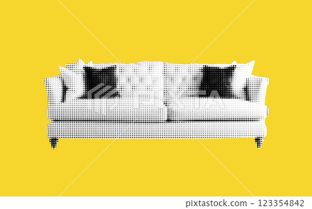 A lively collage features a chic halftone sofa adorned with two contrasting black cushions. 123354842