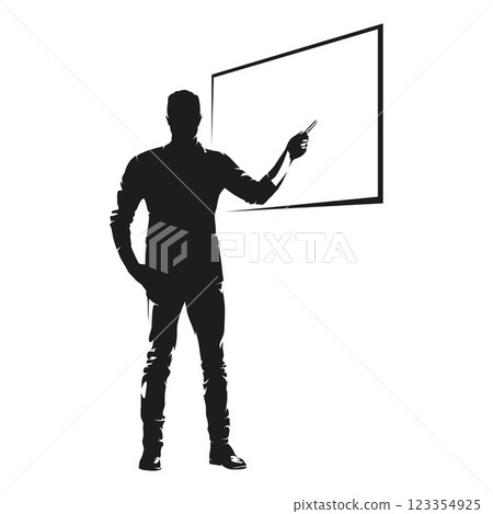 Business man gives presentation and points to the board. Isolated vector silhouette. Corporate meeting 123354925