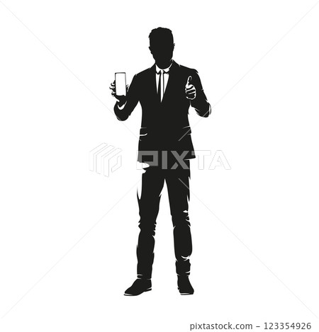 Busines man is holding mobile phone and showing its screen, with his other hand he gives thumbs up. Isolated vector silhouette, high contrast illustration Busines man is holding mobile phone and showing its screen, with his other hand he gives thumbs up. Isolated vector silhouette, high contrast illustration 123354926