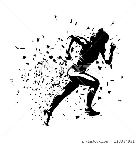 Run, athletics, running woman with distortion effect, female sprinter clipart, isolated vector silhouette, side view 123354931