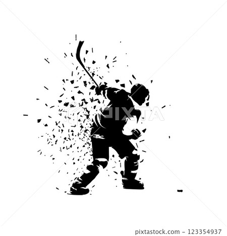 Ice hockey player shooting puck, isolated vector silhouette with distortion effect, hockey clipart 123354937
