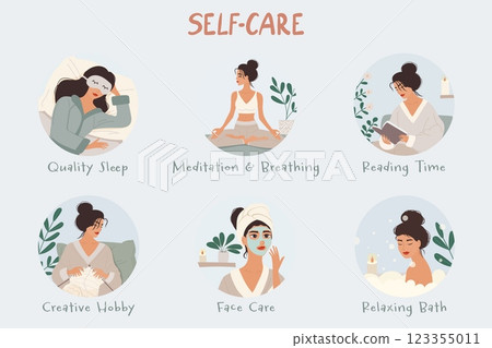 Self-care checklist with daily wellness activities, vector illustration 123355011