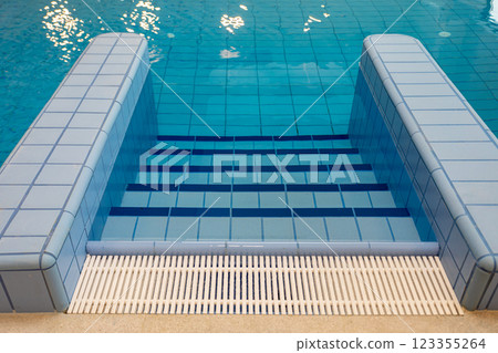 Beautiful and Elegant Pool Steps Magnificently Leading into the Clear, Refreshing Water 123355264