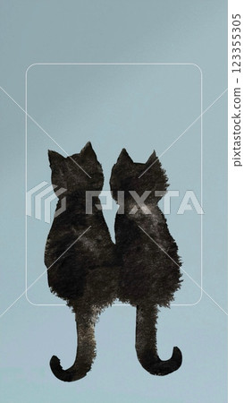兩隻黑貓背對著背坐著 兩隻黑貓背對著背坐著，好像在看著什麼東西 123355305