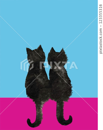 Two black cats, drawn with ink and brush on a pop background, are sitting together and looking at the sky. 123355316