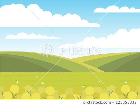 Green nature forest landscape scenery banner background. Skyline with clouds springtime farmland 123355332