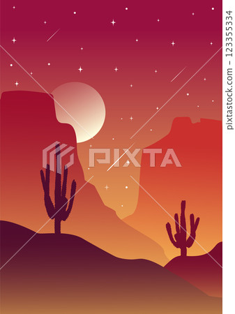 Vector american valley illustration. Rocky Desert morning landscape art. Sunset in Arizona Vector american valley illustration. Rocky Desert morning landscape art. Sunset in Arizona 123355334