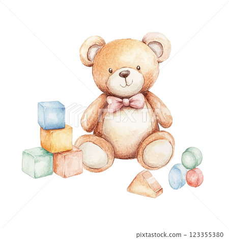 A teddy bear is sitting on a pile of blocks, including a square, a triangle, and a rectangle 123355380