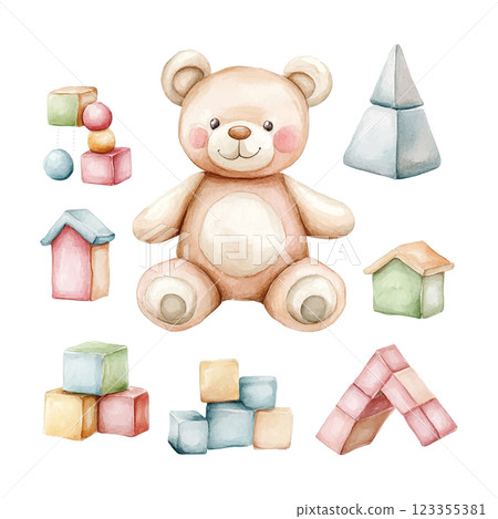 A teddy bear is sitting on a pile of blocks, including a square, a triangle, and a rectangle A teddy bear is sitting on a pile of blocks, including a square, a triangle, and a rectangle 123355381