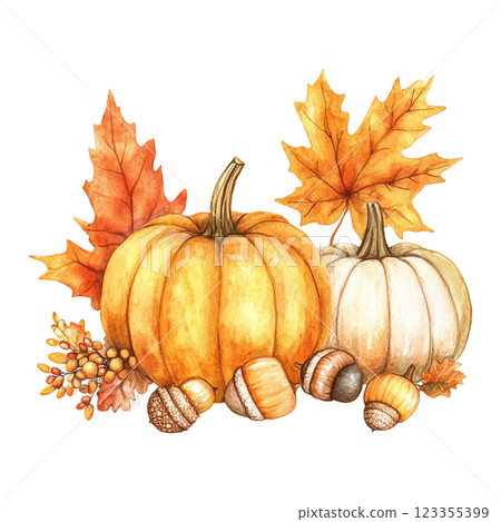 A painting of pumpkins and leaves with acorns and seeds. The painting has a warm and cozy feeling, with the bright colors of the pumpkins and leaves contrasting with the darker colors of the acorns 123355399