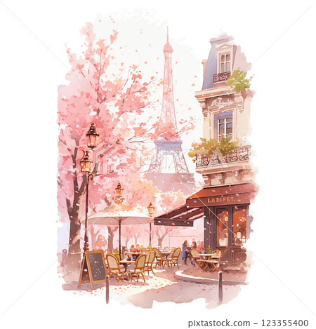 A painting of a street scene with a pink tree in the background and a large Eiffel tower in the foreground. The scene is set in Paris and features a cafe with several chairs and tables 123355400